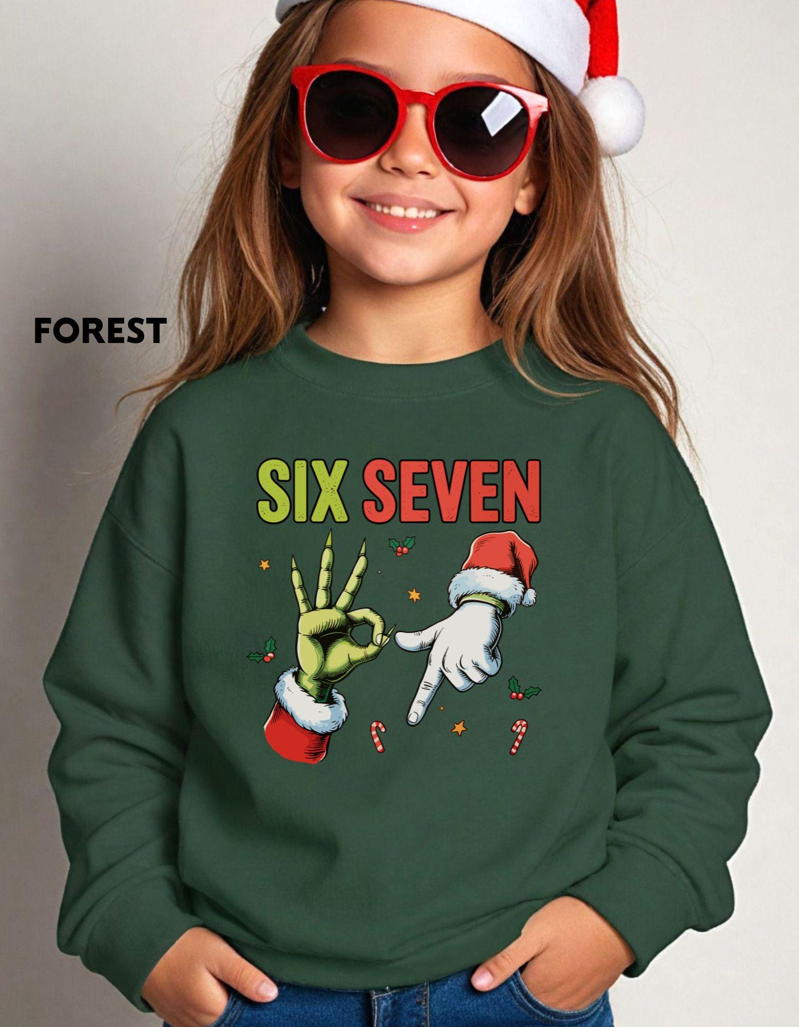 Six Seven Christmas Sweatshirt, Funny Holiday Meme Shirt, Grinch Hand Crewneck, Santa Humor Sweater, Viral TikTok Xmas Shirt
