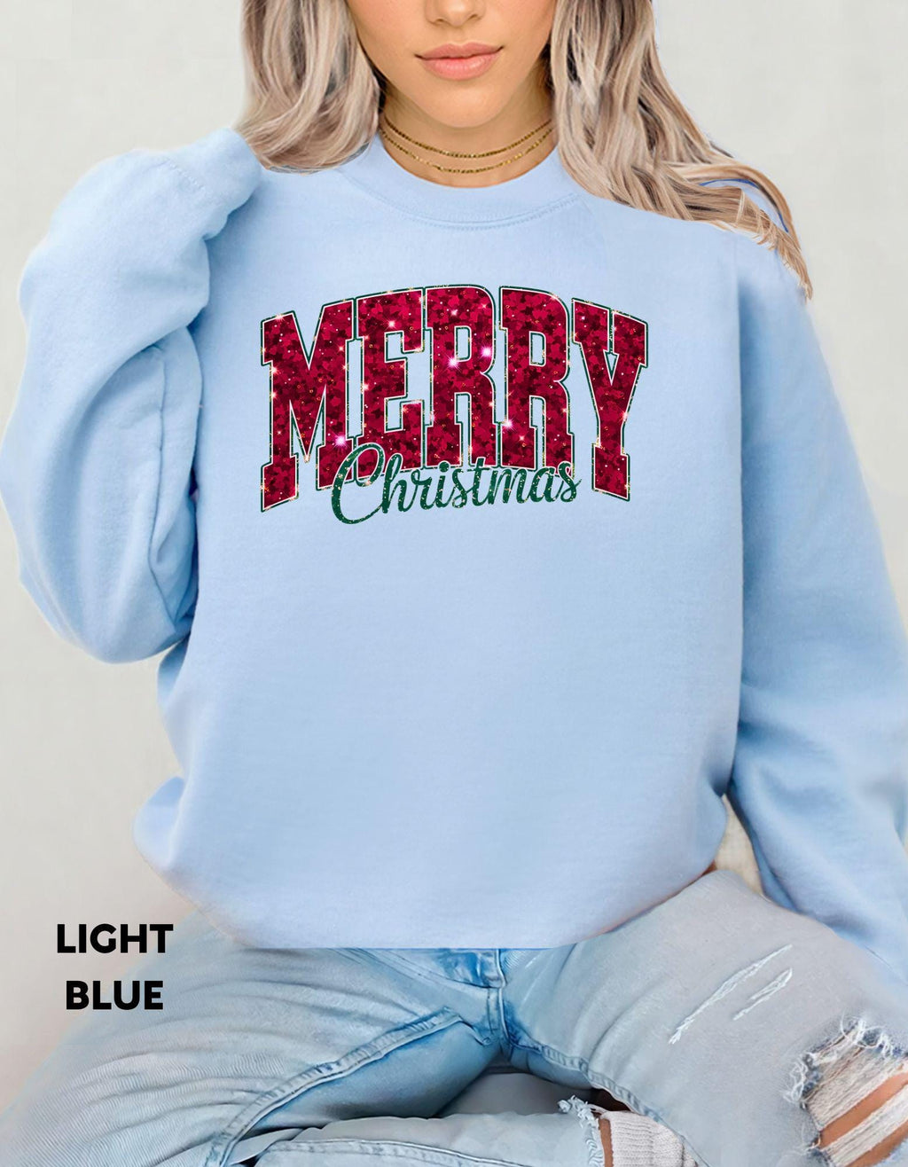 Merry Christmas Sweatshirt, Faux Glitter Look Holiday Shirt, Festive Crewneck, Cozy Winter Sweater
