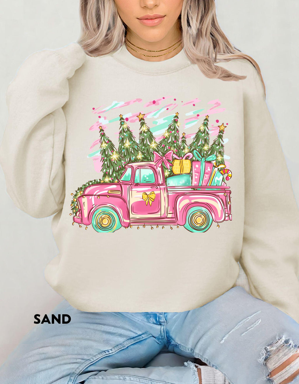Pink Christmas Truck Sweatshirt, Retro Holiday Crewneck, Vintage Farmhouse Christmas Shirt, Cute Cozy Gift for Her, Festive Sweater