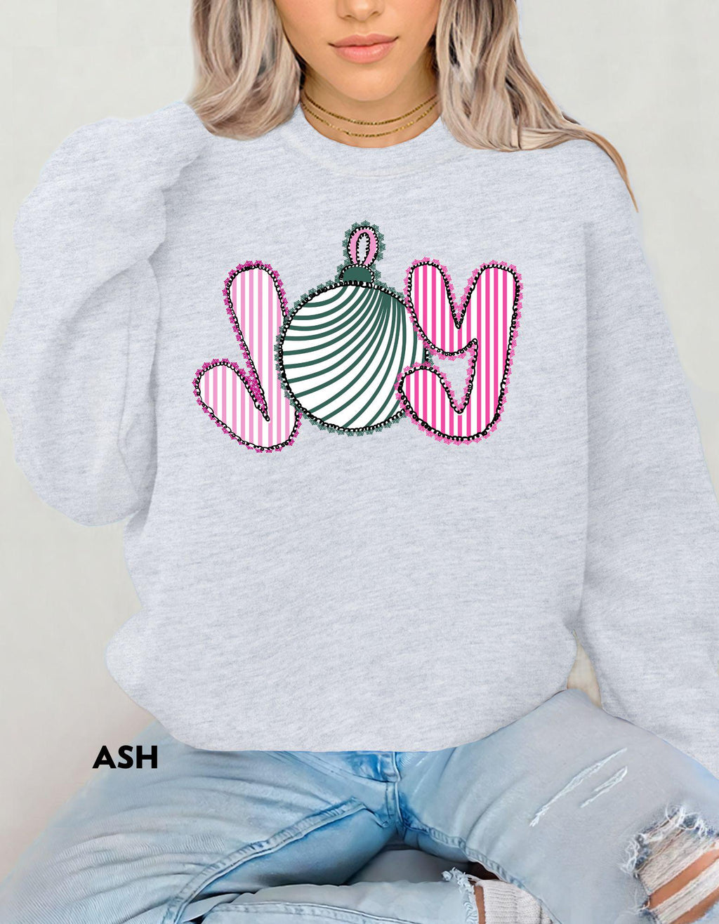 JOY Christmas Sweatshirt, Pink and Green Holiday Crewneck, Cute Ornament Christmas Shirt, Festive Cozy Sweater Gift for Her