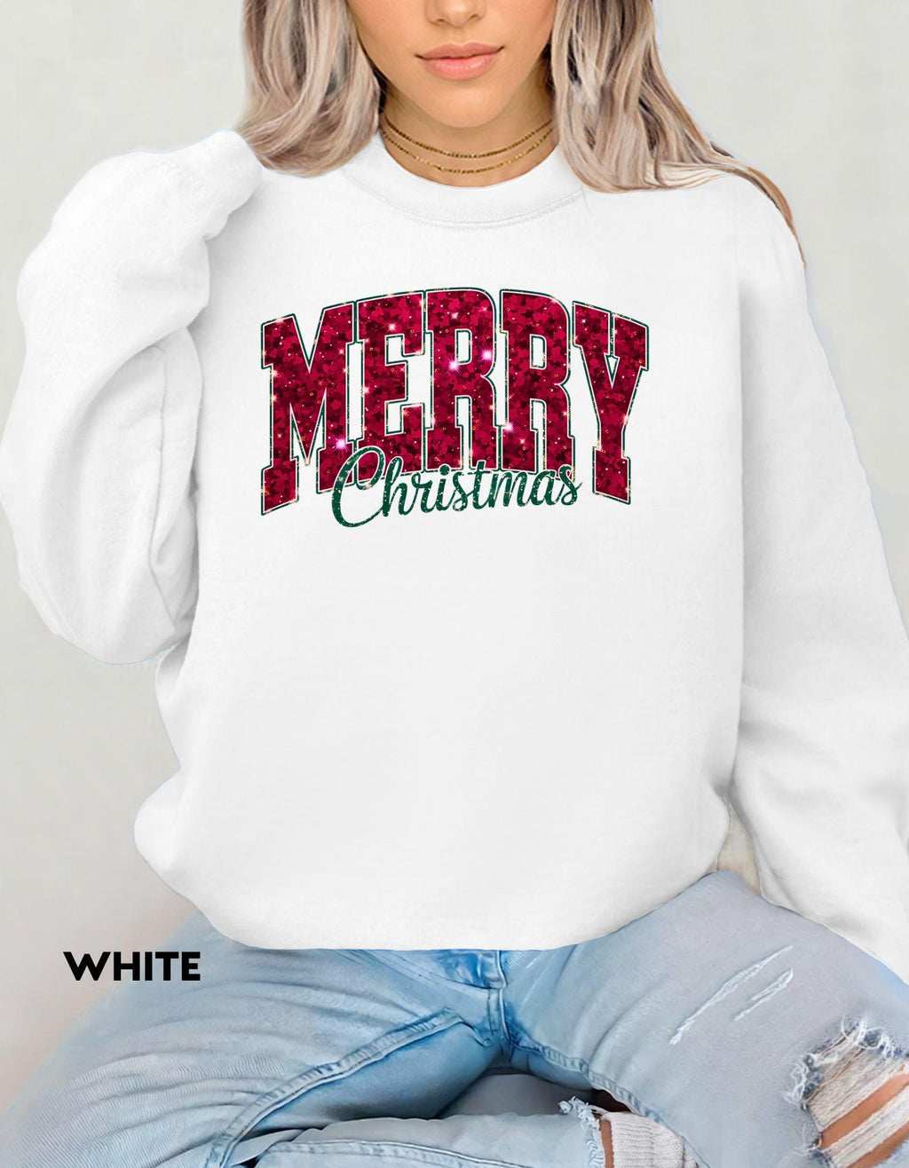Merry Christmas Sweatshirt, Faux Glitter Look Holiday Shirt, Festive Crewneck, Cozy Winter Sweater