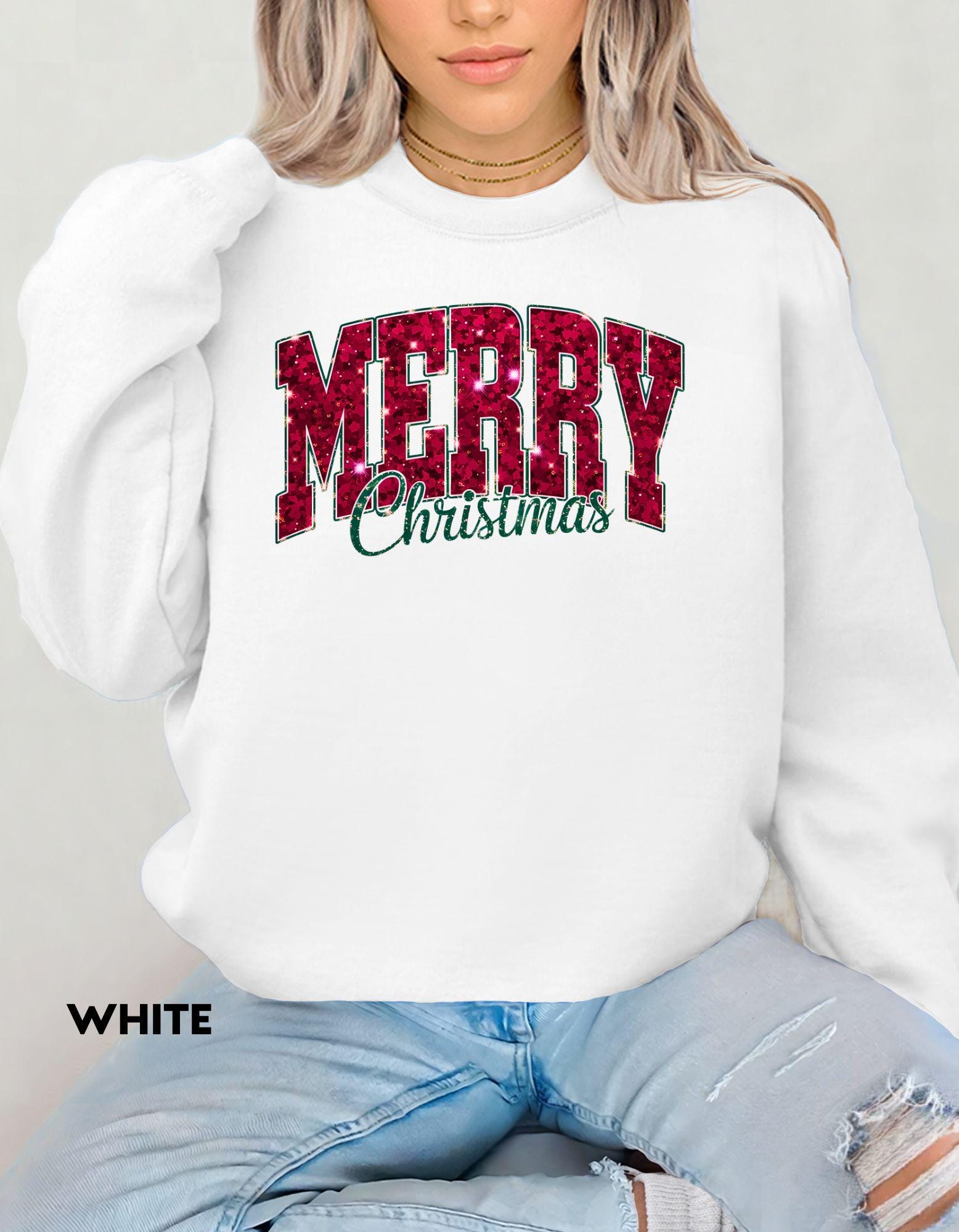 Merry Christmas Sweatshirt, Faux Glitter Look Holiday Shirt, Festive Crewneck, Cozy Winter Sweater