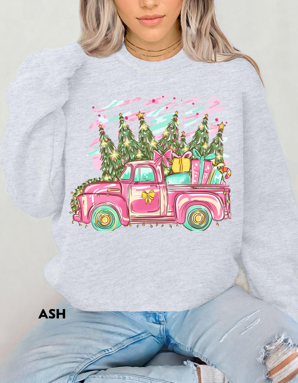Pink Christmas Truck Sweatshirt, Retro Holiday Crewneck, Vintage Farmhouse Christmas Shirt, Cute Cozy Gift for Her, Festive Sweater
