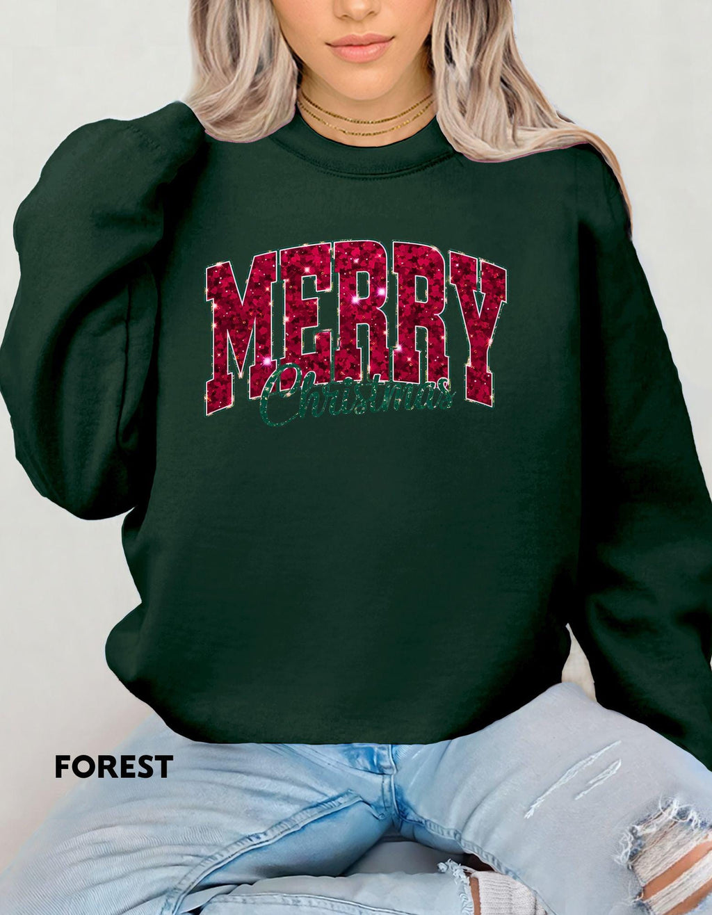 Merry Christmas Sweatshirt, Faux Glitter Look Holiday Shirt, Festive Crewneck, Cozy Winter Sweater