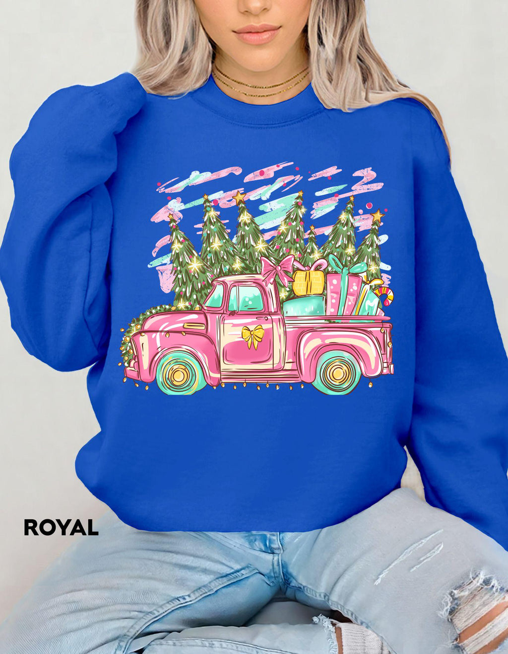 Pink Christmas Truck Sweatshirt, Retro Holiday Crewneck, Vintage Farmhouse Christmas Shirt, Cute Cozy Gift for Her, Festive Sweater